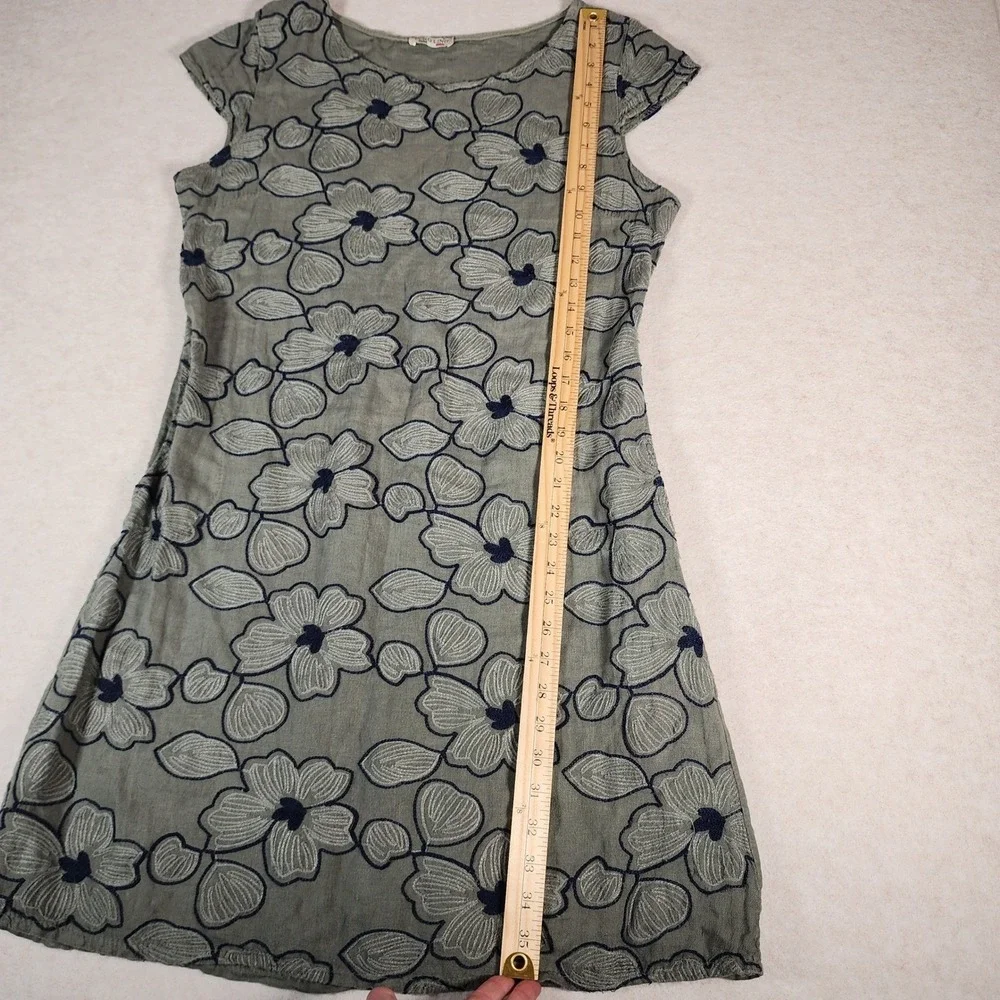 Puro Lino Linen Floral Embroidered Dress Sleeveless Casual Olive Green - Picture 4 of 7